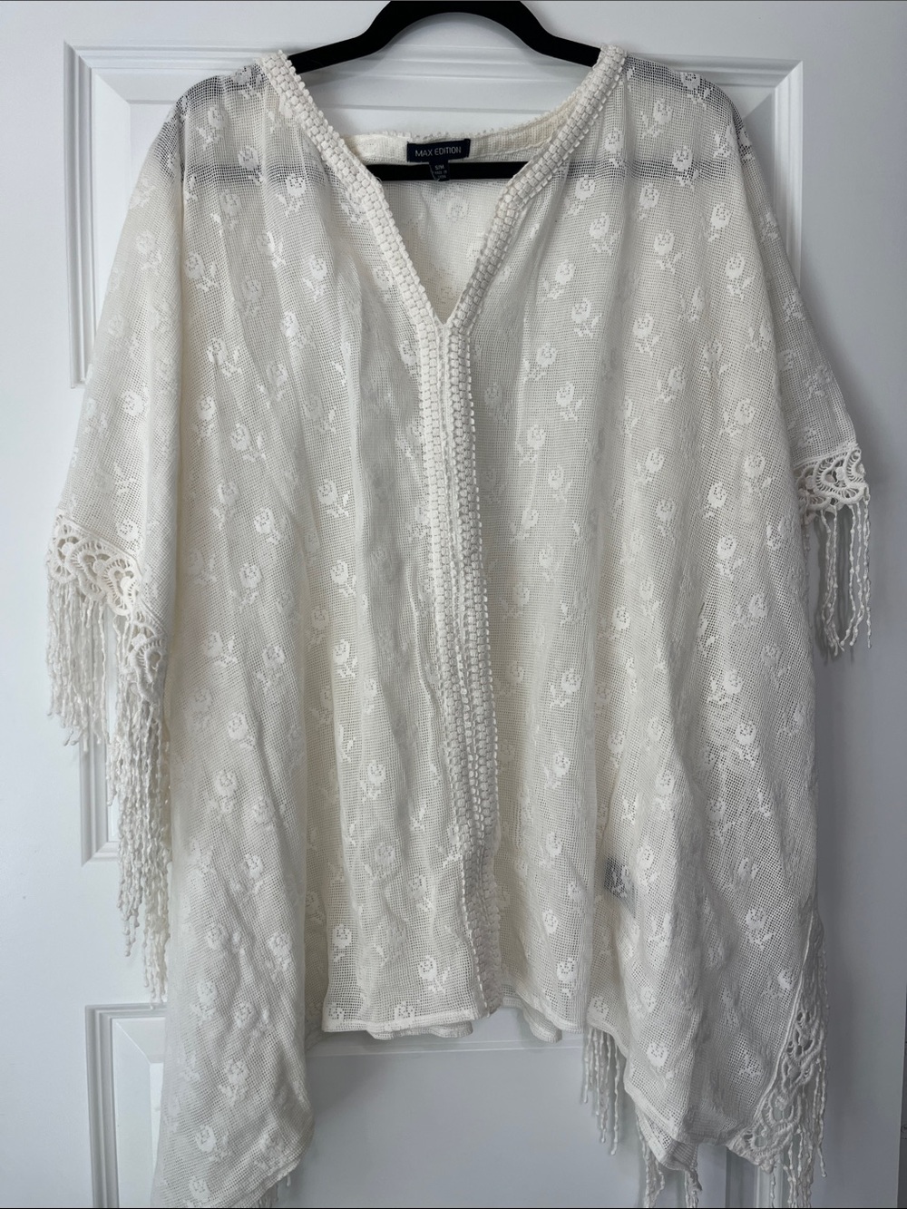 Max Edition Cream Crochet Fringe Kimono Tunic